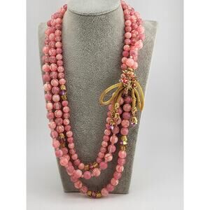 Vintage Pink Painted Plastic Bead Necklace Floral Bow Clasp Crystal Drops